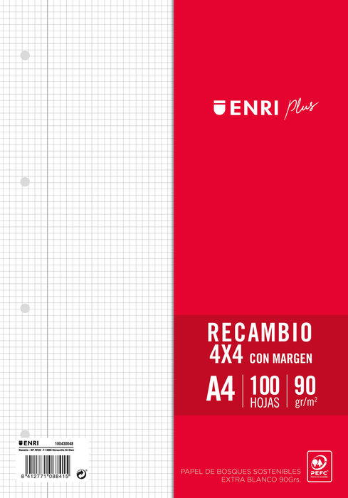 RECAMBIOS ENRI+ FOLIO CUADROS 4X4 90gramos 100hojas