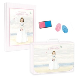 [9788412749762] LIBRO COMUNION HUELLAS NIÑA PLAYA + MALETIN
